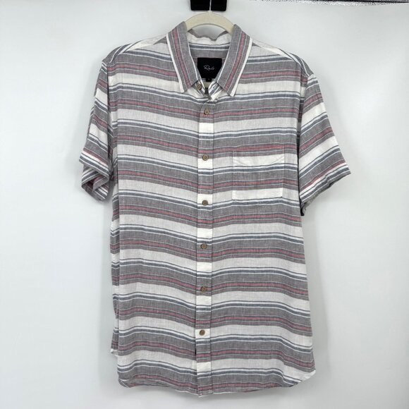 Rails Shirt Mens Large  Gray Red Blue Stripes Button Up Camp Casual Linen Rayon - Picture 1 of 13